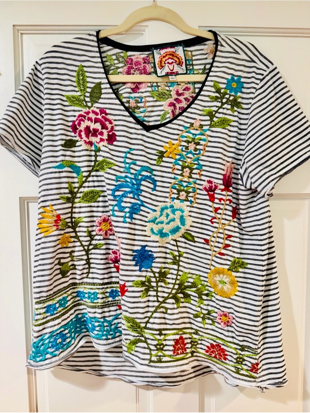 Johnny Was Striped V-Neck Tee with Multicolor Floral Embroidery Size Large